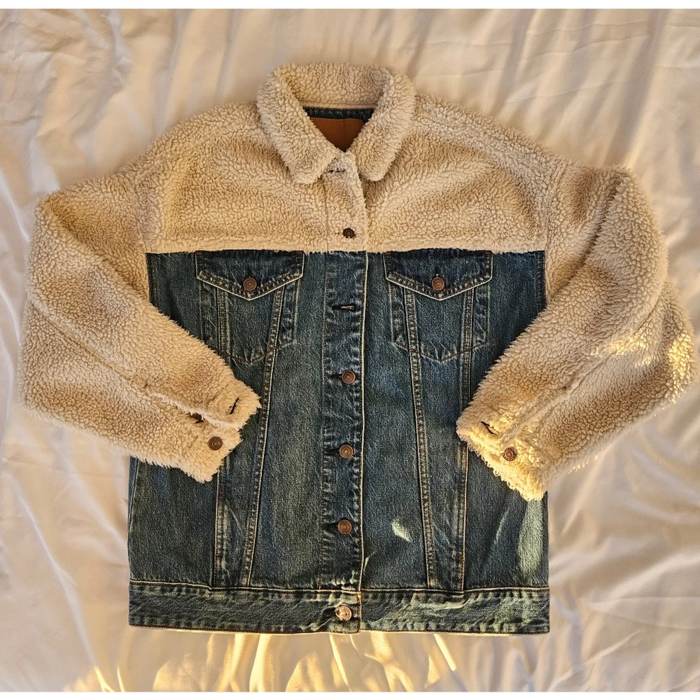 American Eagle S Cream Sherpa Denim Jacket - Picture 8 of 11